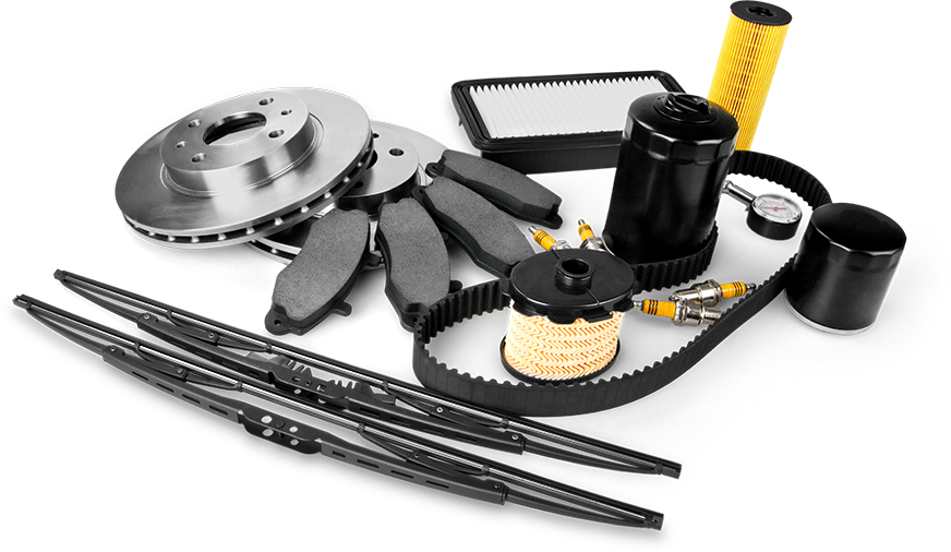 Array of automotive replacement parts including wiper blades, brake pads, rotors, air filters, and  belt